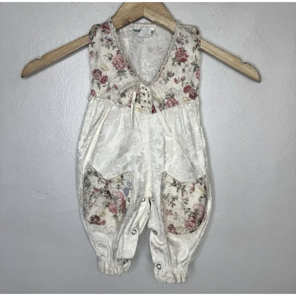 Vintage Teeter-Totter Baby Romper Size 6 Months Floral Jumpsuit Tapestry Brocade